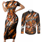 Personalised Perth Scorchers Cricket Fan Pride Couples Matching Short Sleeve Bodycon Dress and Long Sleeve Button Shirt Dynamic Flaming Dragon Art With Perth City Skyline