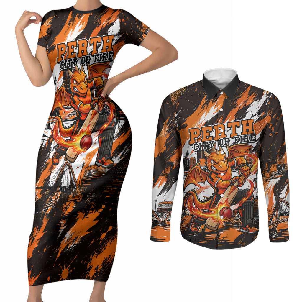 Personalised Perth Scorchers Cricket Fan Pride Couples Matching Short Sleeve Bodycon Dress and Long Sleeve Button Shirt Dynamic Flaming Dragon Art With Perth City Skyline