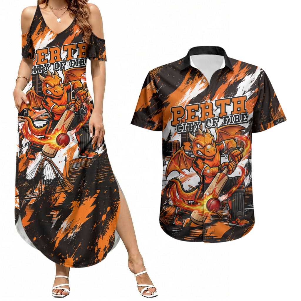 Personalised Perth Scorchers Cricket Fan Pride Couples Matching Summer Maxi Dress and Hawaiian Shirt Dynamic Flaming Dragon Art With Perth City Skyline