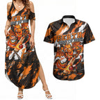 Personalised Perth Scorchers Cricket Fan Pride Couples Matching Summer Maxi Dress and Hawaiian Shirt Dynamic Flaming Dragon Art With Perth City Skyline