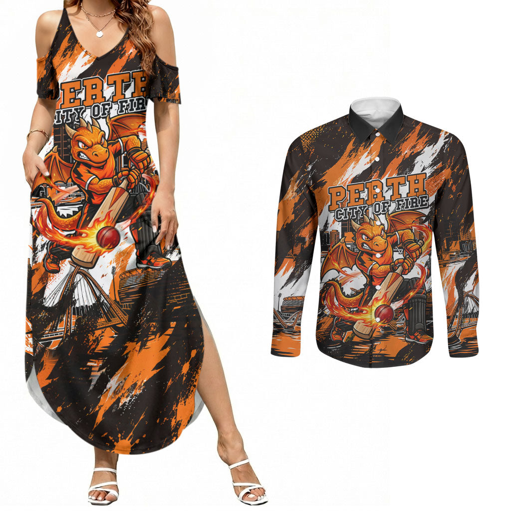 Personalised Perth Scorchers Cricket Fan Pride Couples Matching Summer Maxi Dress and Long Sleeve Button Shirt Dynamic Flaming Dragon Art With Perth City Skyline
