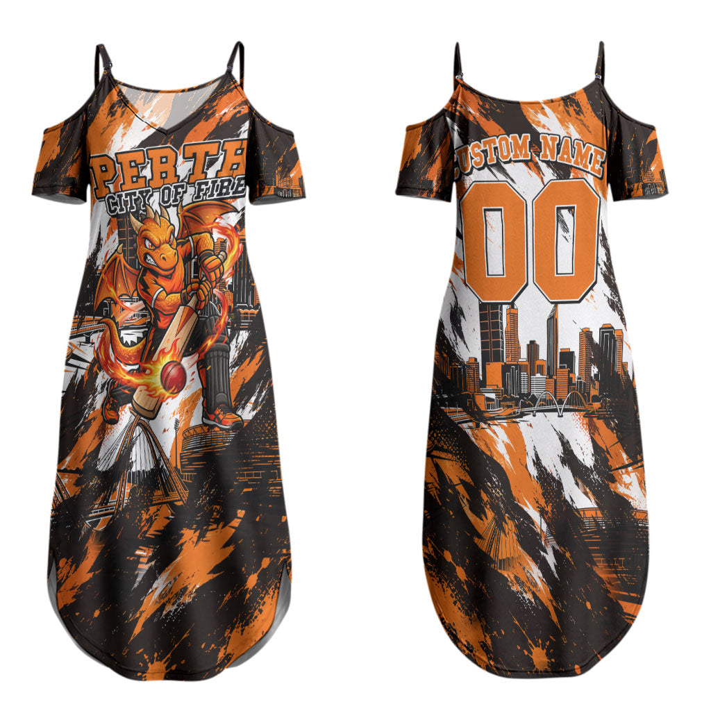 Personalised Perth Scorchers Cricket Fan Pride Couples Matching Summer Maxi Dress and Long Sleeve Button Shirt Dynamic Flaming Dragon Art With Perth City Skyline