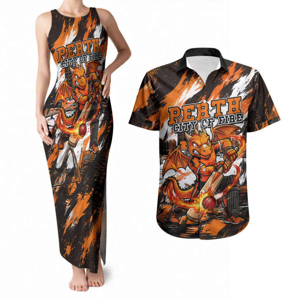 Personalised Perth Scorchers Cricket Fan Pride Couples Matching Tank Maxi Dress and Hawaiian Shirt Dynamic Flaming Dragon Art With Perth City Skyline