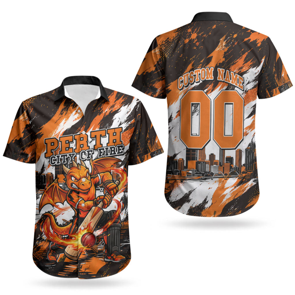 Personalised Perth Scorchers Cricket Fan Pride Couples Matching Tank Maxi Dress and Hawaiian Shirt Dynamic Flaming Dragon Art With Perth City Skyline