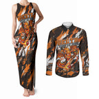 Personalised Perth Scorchers Cricket Fan Pride Couples Matching Tank Maxi Dress and Long Sleeve Button Shirt Dynamic Flaming Dragon Art With Perth City Skyline