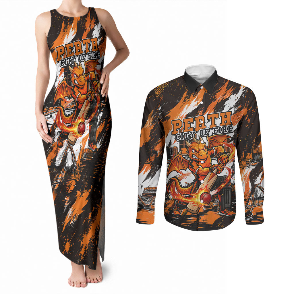 Personalised Perth Scorchers Cricket Fan Pride Couples Matching Tank Maxi Dress and Long Sleeve Button Shirt Dynamic Flaming Dragon Art With Perth City Skyline