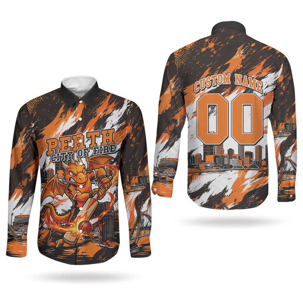 Personalised Perth Scorchers Cricket Fan Pride Couples Matching Tank Maxi Dress and Long Sleeve Button Shirt Dynamic Flaming Dragon Art With Perth City Skyline