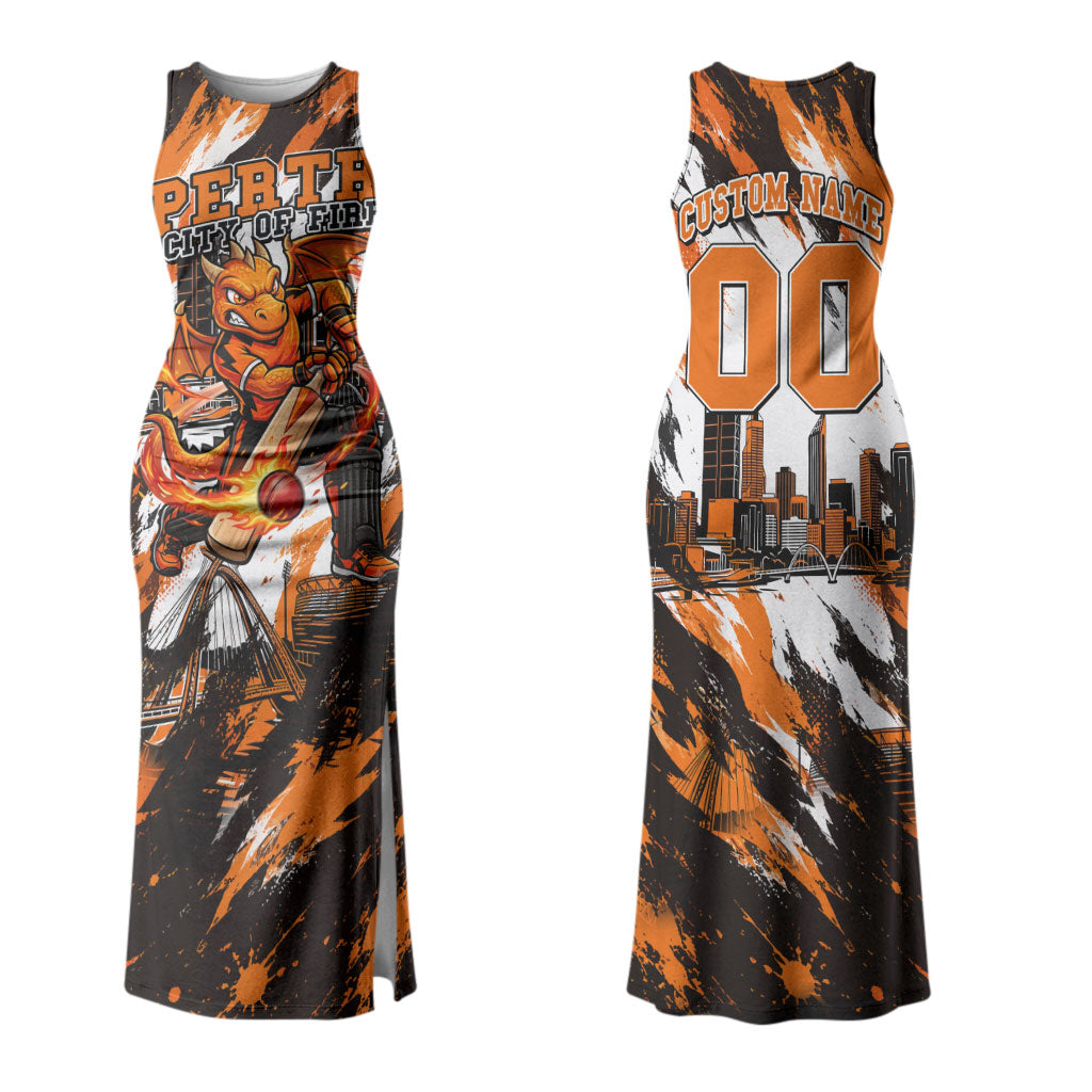 Personalised Perth Scorchers Cricket Fan Pride Couples Matching Tank Maxi Dress and Long Sleeve Button Shirt Dynamic Flaming Dragon Art With Perth City Skyline