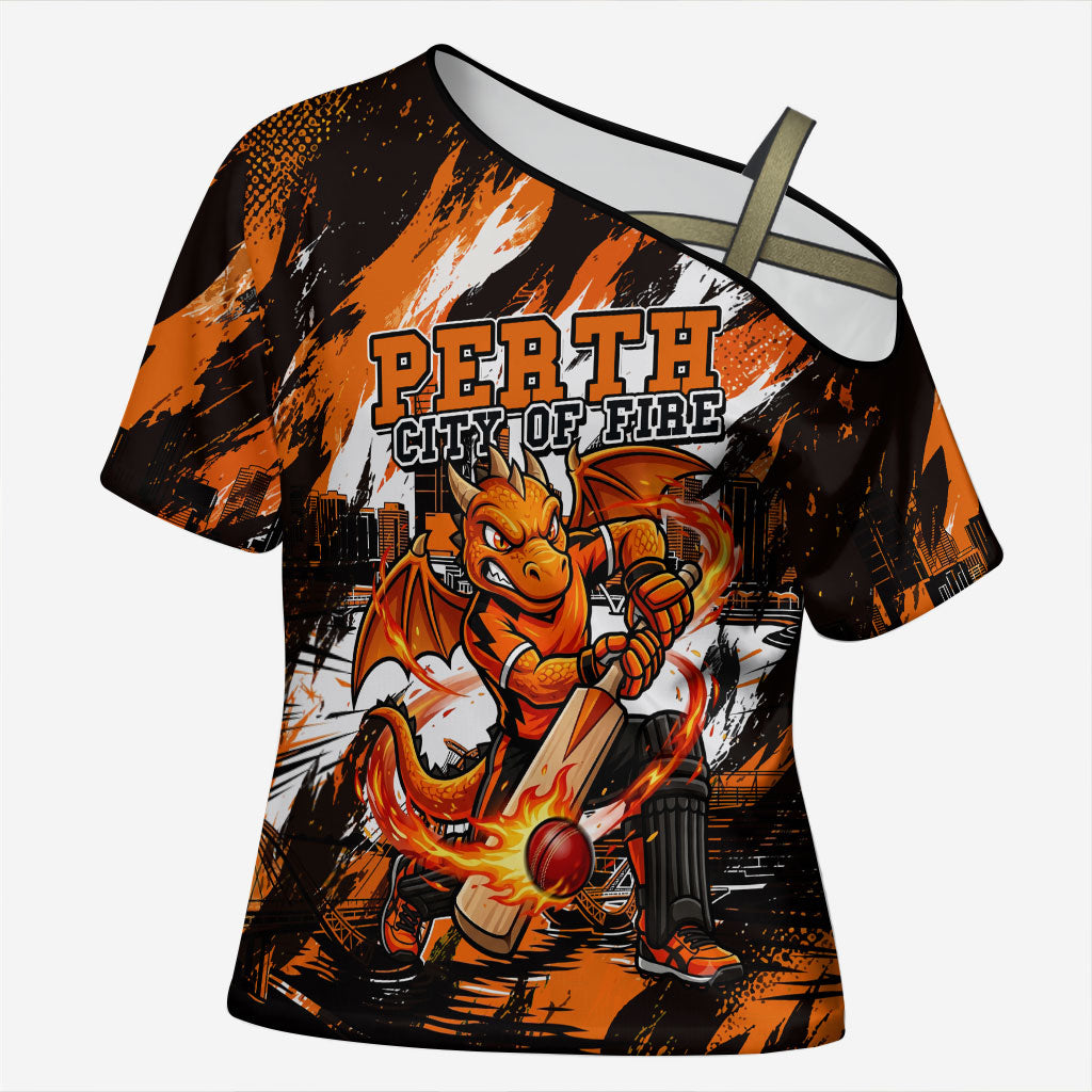 Personalised Perth Scorchers Cricket Fan Pride Cross Shoulder Shirt Dynamic Flaming Dragon Art With Perth City Skyline