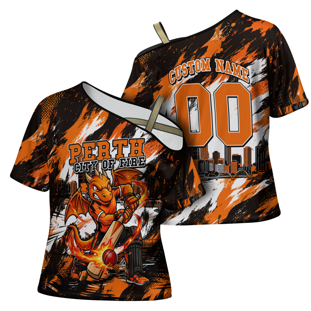 Personalised Perth Scorchers Cricket Fan Pride Cross Shoulder Shirt Dynamic Flaming Dragon Art With Perth City Skyline