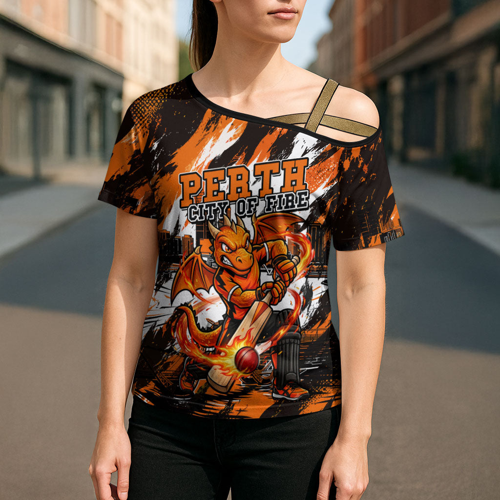 Personalised Perth Scorchers Cricket Fan Pride Cross Shoulder Shirt Dynamic Flaming Dragon Art With Perth City Skyline