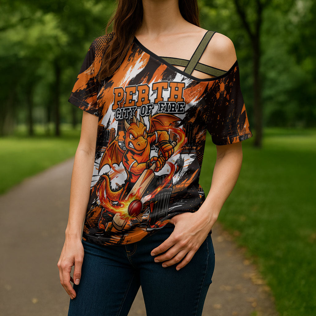 Personalised Perth Scorchers Cricket Fan Pride Cross Shoulder Shirt Dynamic Flaming Dragon Art With Perth City Skyline