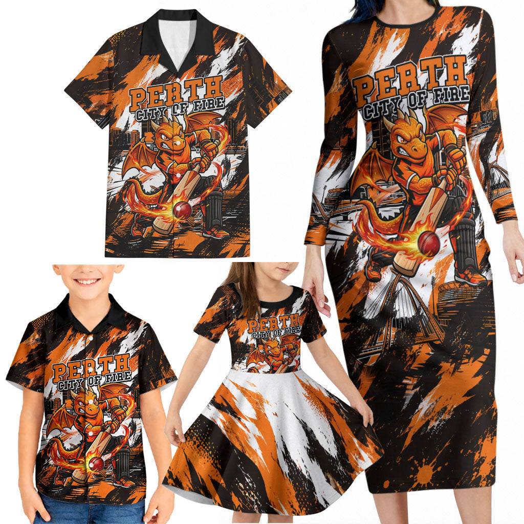 Personalised Perth Scorchers Cricket Fan Pride Family Matching Long Sleeve Bodycon Dress and Hawaiian Shirt Dynamic Flaming Dragon Art With Perth City Skyline