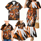 Personalised Perth Scorchers Cricket Fan Pride Family Matching Mermaid Dress and Hawaiian Shirt Dynamic Flaming Dragon Art With Perth City Skyline