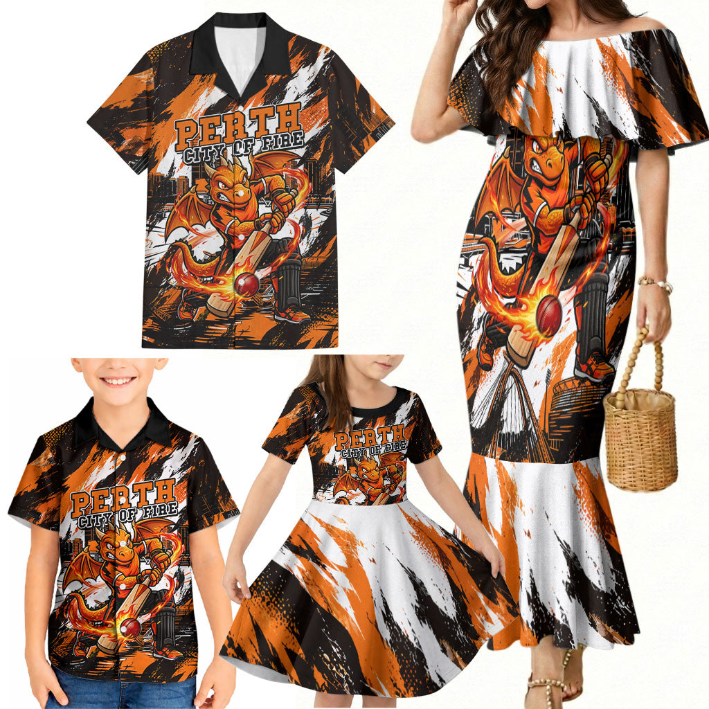 Personalised Perth Scorchers Cricket Fan Pride Family Matching Mermaid Dress and Hawaiian Shirt Dynamic Flaming Dragon Art With Perth City Skyline