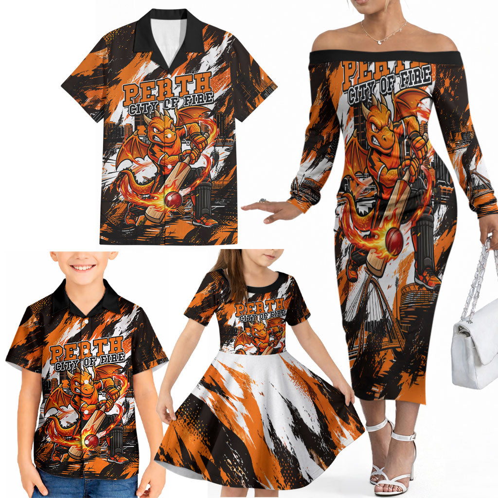 Personalised Perth Scorchers Cricket Fan Pride Family Matching Off The Shoulder Long Sleeve Dress and Hawaiian Shirt Dynamic Flaming Dragon Art With Perth City Skyline