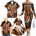 Personalised Perth Scorchers Cricket Fan Pride Family Matching Off The Shoulder Long Sleeve Dress and Hawaiian Shirt Dynamic Flaming Dragon Art With Perth City Skyline