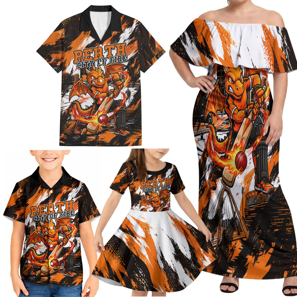 Personalised Perth Scorchers Cricket Fan Pride Family Matching Off Shoulder Maxi Dress and Hawaiian Shirt Dynamic Flaming Dragon Art With Perth City Skyline