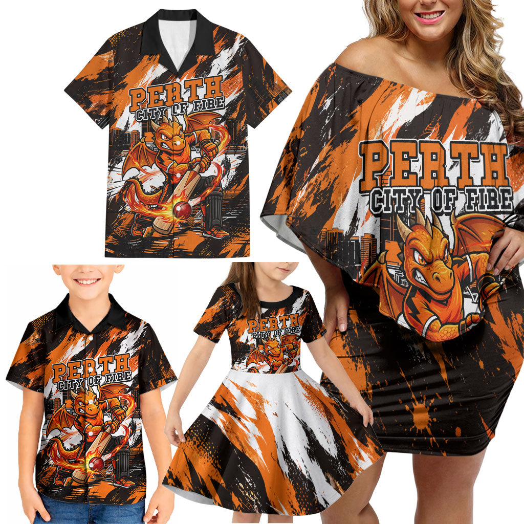 Personalised Perth Scorchers Cricket Fan Pride Family Matching Off Shoulder Short Dress and Hawaiian Shirt Dynamic Flaming Dragon Art With Perth City Skyline