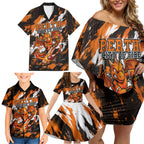 Personalised Perth Scorchers Cricket Fan Pride Family Matching Off Shoulder Short Dress and Hawaiian Shirt Dynamic Flaming Dragon Art With Perth City Skyline