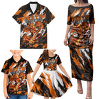 Personalised Perth Scorchers Cricket Fan Pride Family Matching Puletasi and Hawaiian Shirt Dynamic Flaming Dragon Art With Perth City Skyline