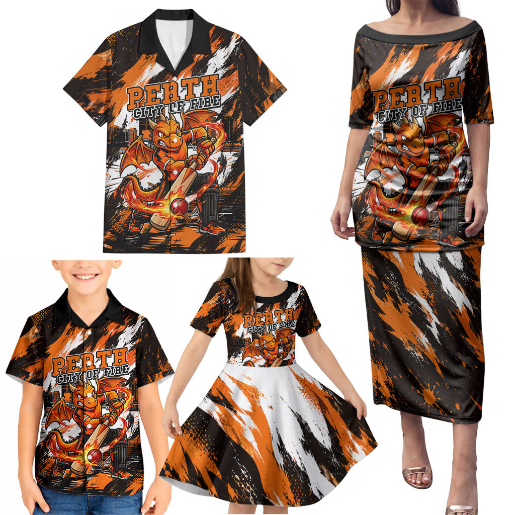 Personalised Perth Scorchers Cricket Fan Pride Family Matching Puletasi and Hawaiian Shirt Dynamic Flaming Dragon Art With Perth City Skyline