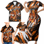 Personalised Perth Scorchers Cricket Fan Pride Family Matching Short Sleeve Bodycon Dress and Hawaiian Shirt Dynamic Flaming Dragon Art With Perth City Skyline
