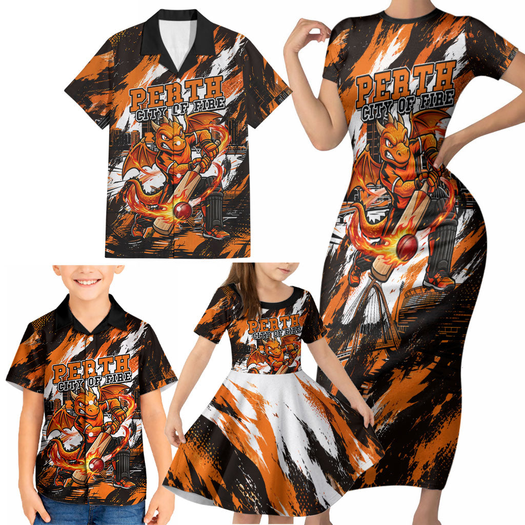 Personalised Perth Scorchers Cricket Fan Pride Family Matching Short Sleeve Bodycon Dress and Hawaiian Shirt Dynamic Flaming Dragon Art With Perth City Skyline