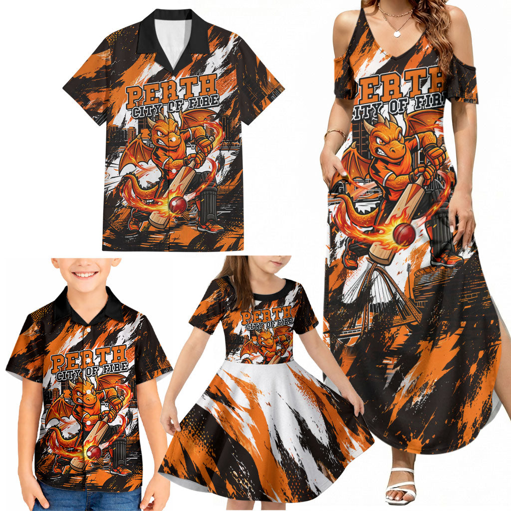 Personalised Perth Scorchers Cricket Fan Pride Family Matching Summer Maxi Dress and Hawaiian Shirt Dynamic Flaming Dragon Art With Perth City Skyline