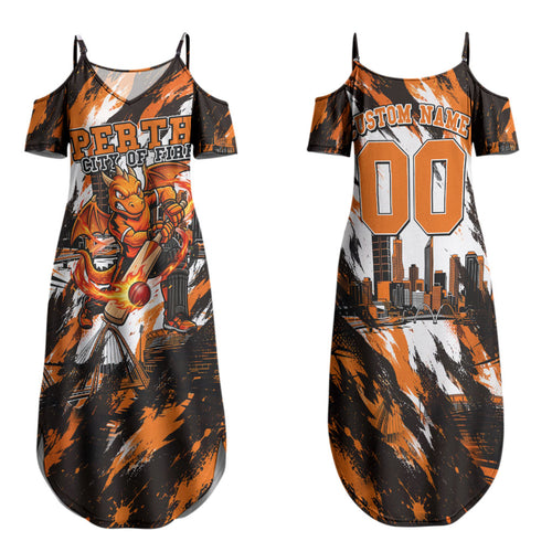 Personalised Perth Scorchers Cricket Fan Pride Family Matching Summer Maxi Dress and Hawaiian Shirt Dynamic Flaming Dragon Art With Perth City Skyline