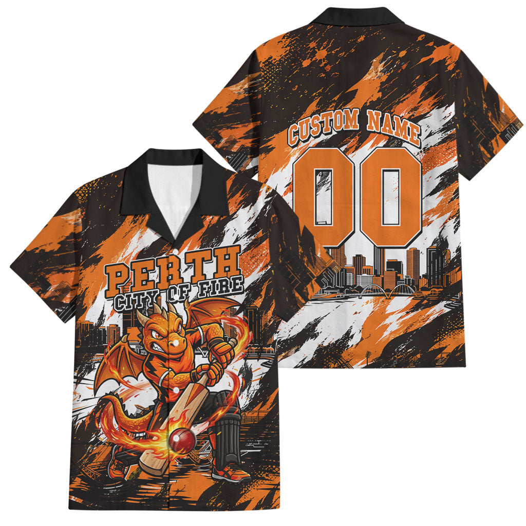 Personalised Perth Scorchers Cricket Fan Pride Family Matching Summer Maxi Dress and Hawaiian Shirt Dynamic Flaming Dragon Art With Perth City Skyline