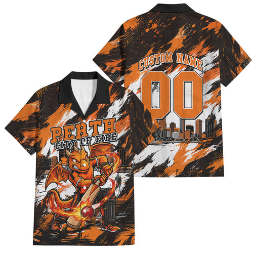 Personalised Perth Scorchers Cricket Fan Pride Family Matching Summer Maxi Dress and Hawaiian Shirt Dynamic Flaming Dragon Art With Perth City Skyline