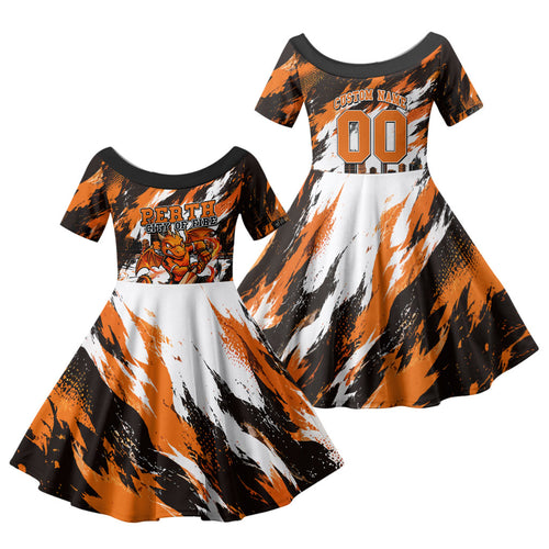 Personalised Perth Scorchers Cricket Fan Pride Family Matching Summer Maxi Dress and Hawaiian Shirt Dynamic Flaming Dragon Art With Perth City Skyline