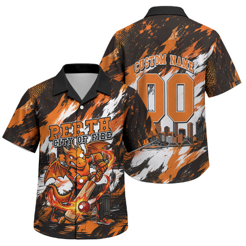Personalised Perth Scorchers Cricket Fan Pride Family Matching Summer Maxi Dress and Hawaiian Shirt Dynamic Flaming Dragon Art With Perth City Skyline
