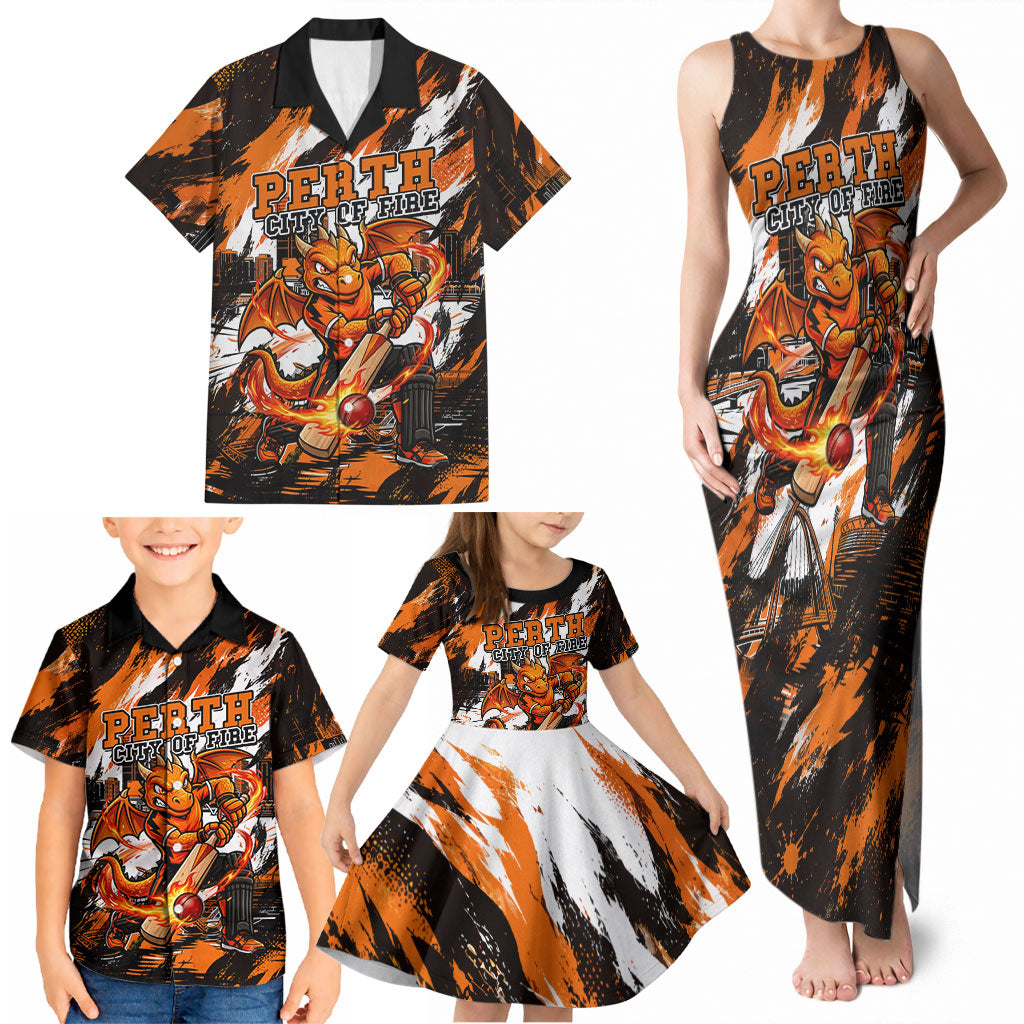 Personalised Perth Scorchers Cricket Fan Pride Family Matching Tank Maxi Dress and Hawaiian Shirt Dynamic Flaming Dragon Art With Perth City Skyline