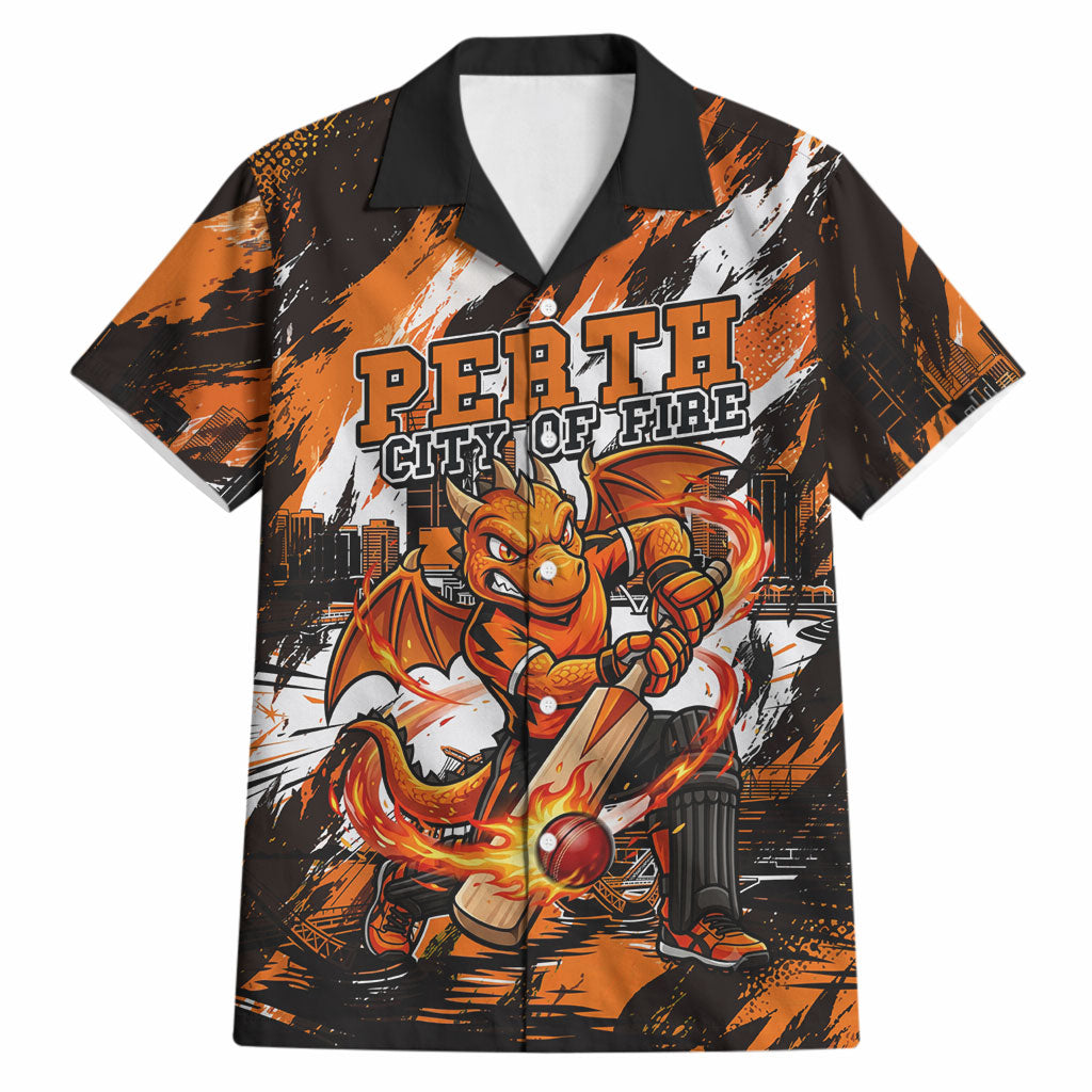 Personalised Perth Scorchers Cricket Fan Pride Hawaiian Shirt Dynamic Flaming Dragon Art With Perth City Skyline