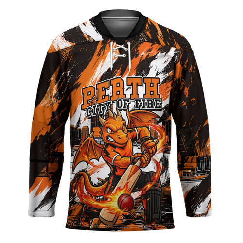 Personalised Perth Scorchers Cricket Fan Pride Hockey Jersey Dynamic Flaming Dragon Art With Perth City Skyline