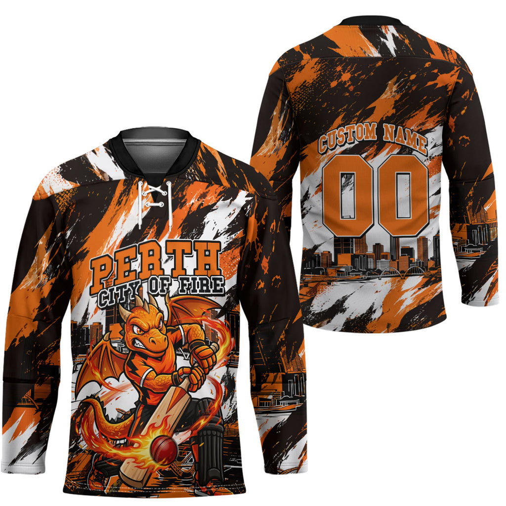 Personalised Perth Scorchers Cricket Fan Pride Hockey Jersey Dynamic Flaming Dragon Art With Perth City Skyline