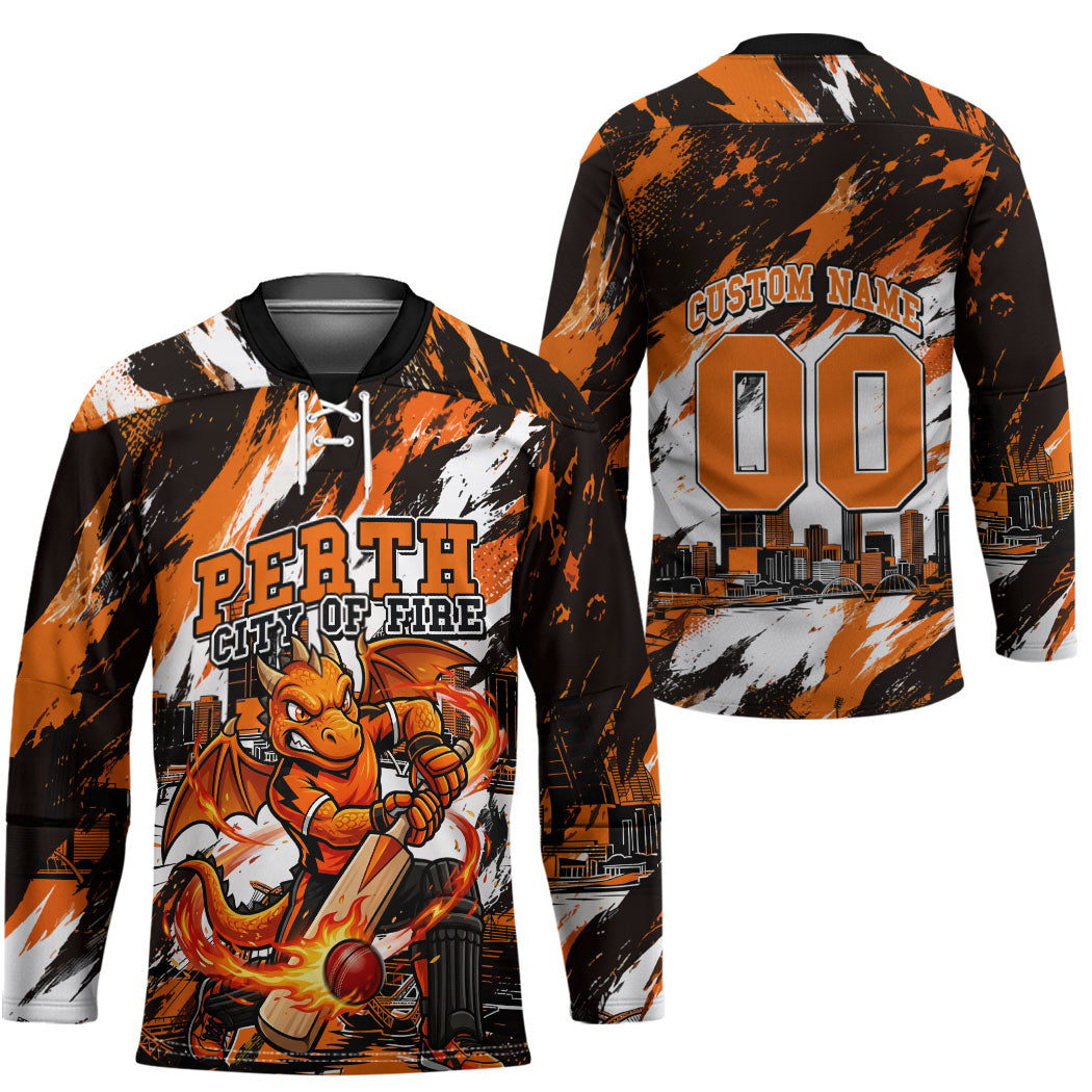 Personalised Perth Scorchers Cricket Fan Pride Hockey Jersey Dynamic Flaming Dragon Art With Perth City Skyline
