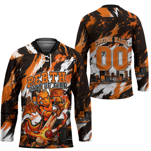 Personalised Perth Scorchers Cricket Fan Pride Hockey Jersey Dynamic Flaming Dragon Art With Perth City Skyline