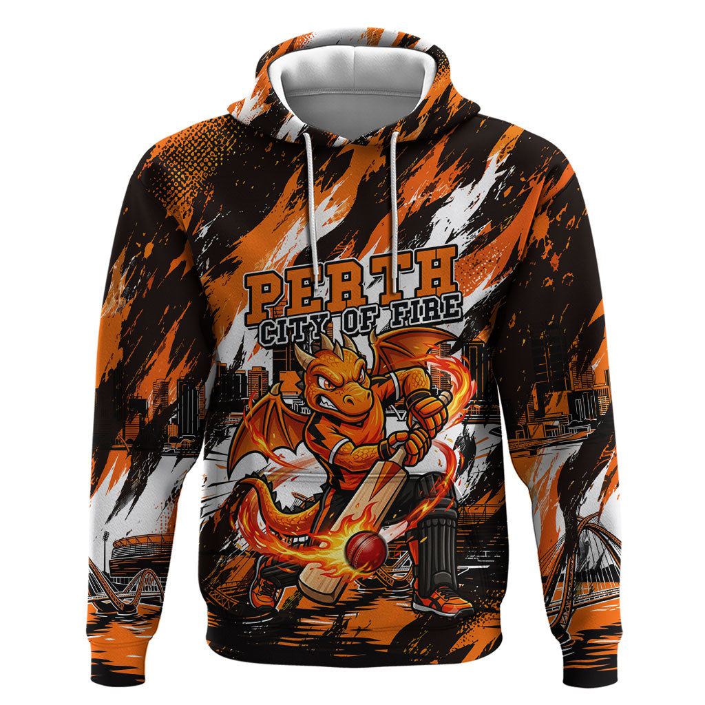 Personalised Perth Scorchers Cricket Fan Pride Hoodie Dynamic Flaming Dragon Art With Perth City Skyline