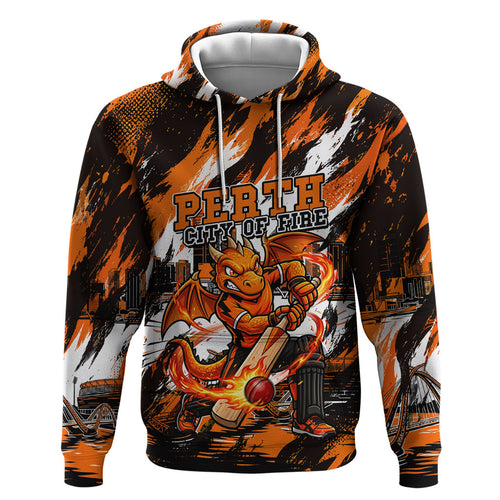 Personalised Perth Scorchers Cricket Fan Pride Hoodie Dynamic Flaming Dragon Art With Perth City Skyline