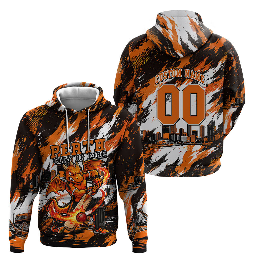Personalised Perth Scorchers Cricket Fan Pride Hoodie Dynamic Flaming Dragon Art With Perth City Skyline