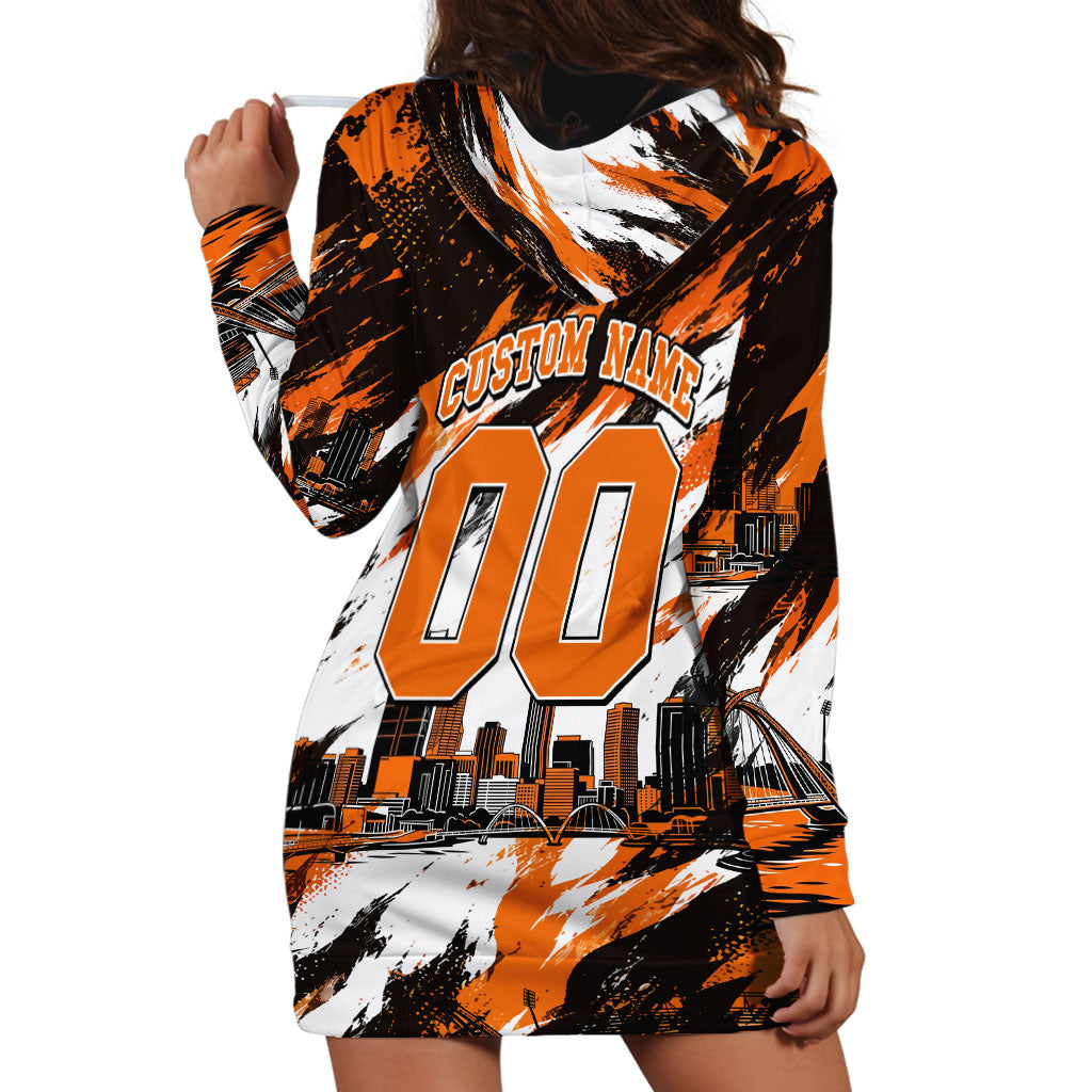Personalised Perth Scorchers Cricket Fan Pride Hoodie Dress Dynamic Flaming Dragon Art With Perth City Skyline
