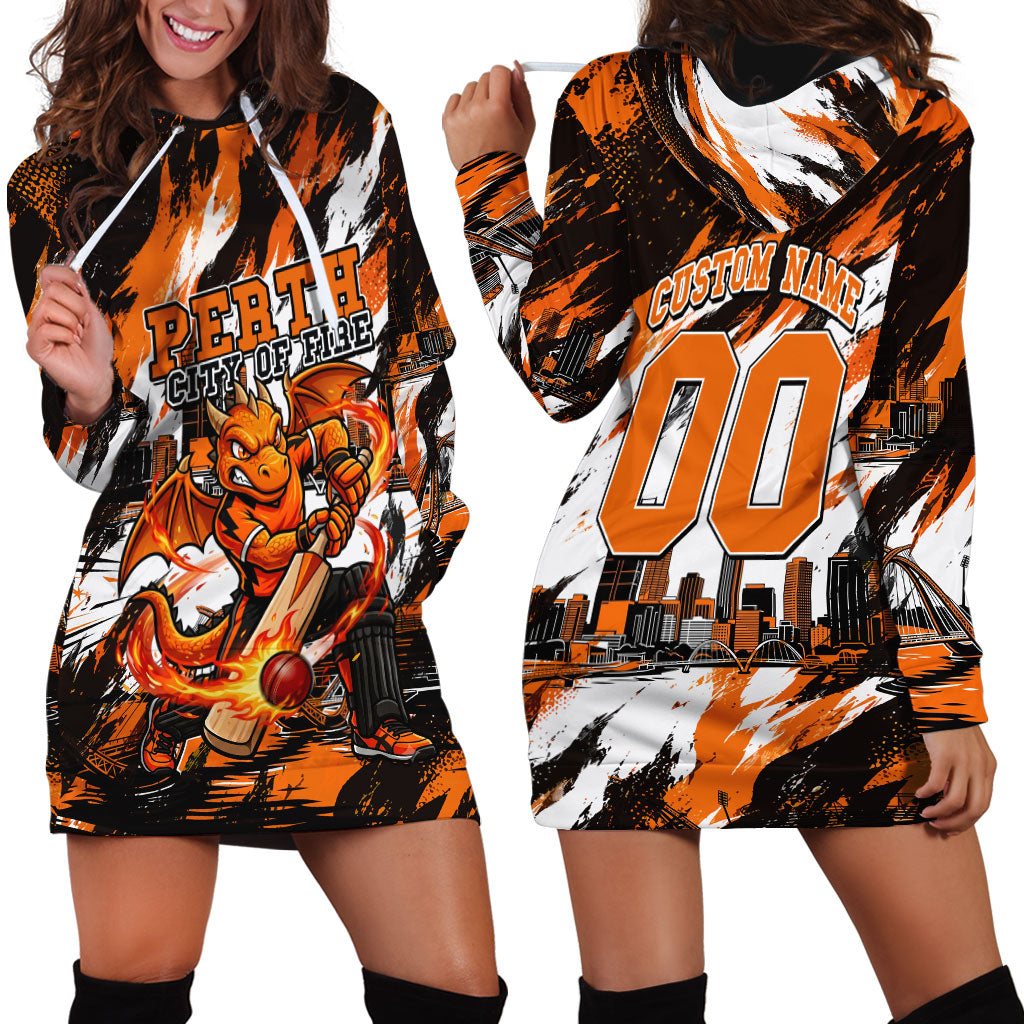 Personalised Perth Scorchers Cricket Fan Pride Hoodie Dress Dynamic Flaming Dragon Art With Perth City Skyline