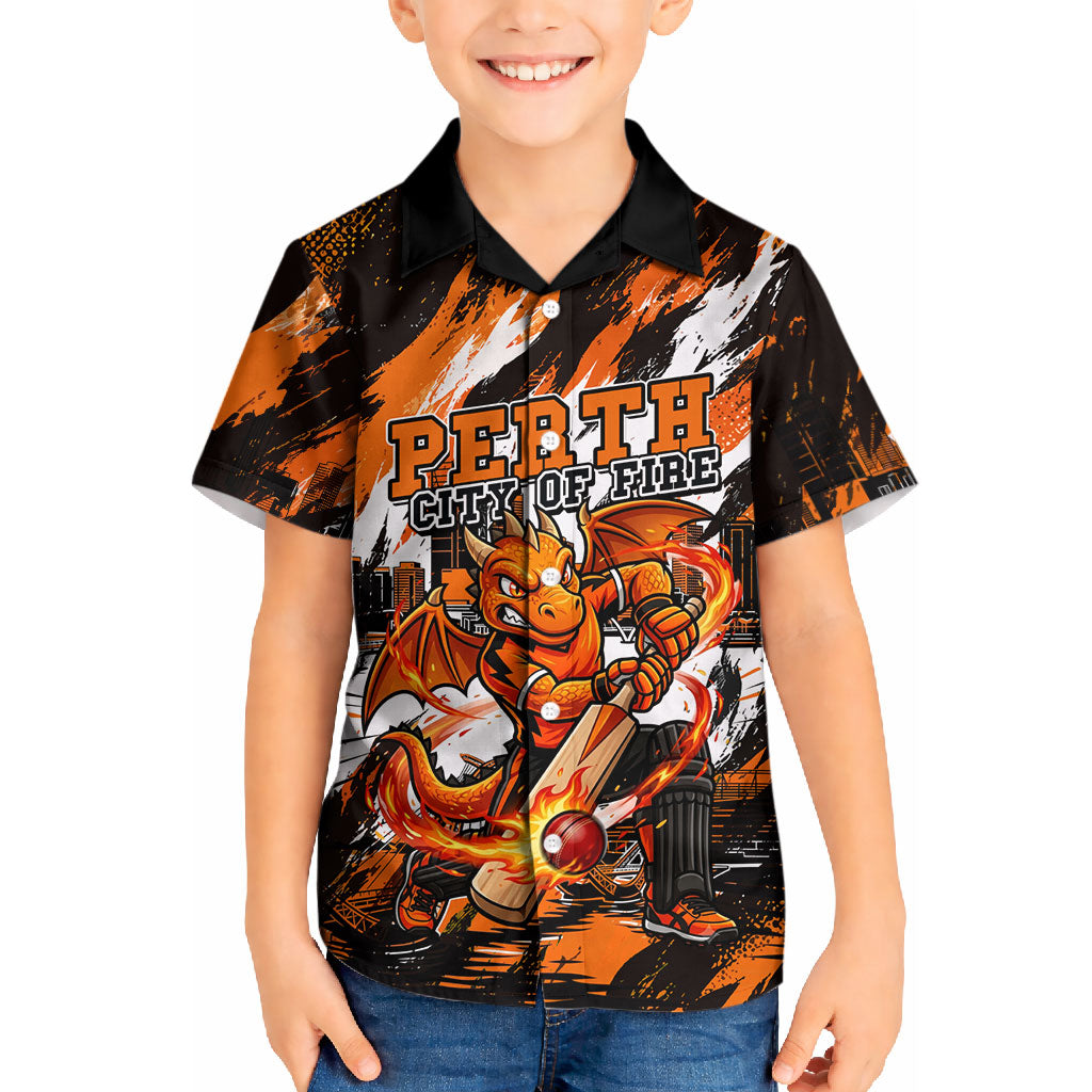 Personalised Perth Scorchers Cricket Fan Pride Kid Hawaiian Shirt Dynamic Flaming Dragon Art With Perth City Skyline