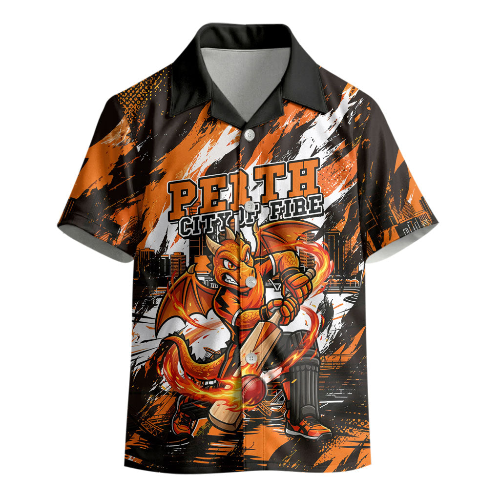 Personalised Perth Scorchers Cricket Fan Pride Kid Hawaiian Shirt Dynamic Flaming Dragon Art With Perth City Skyline