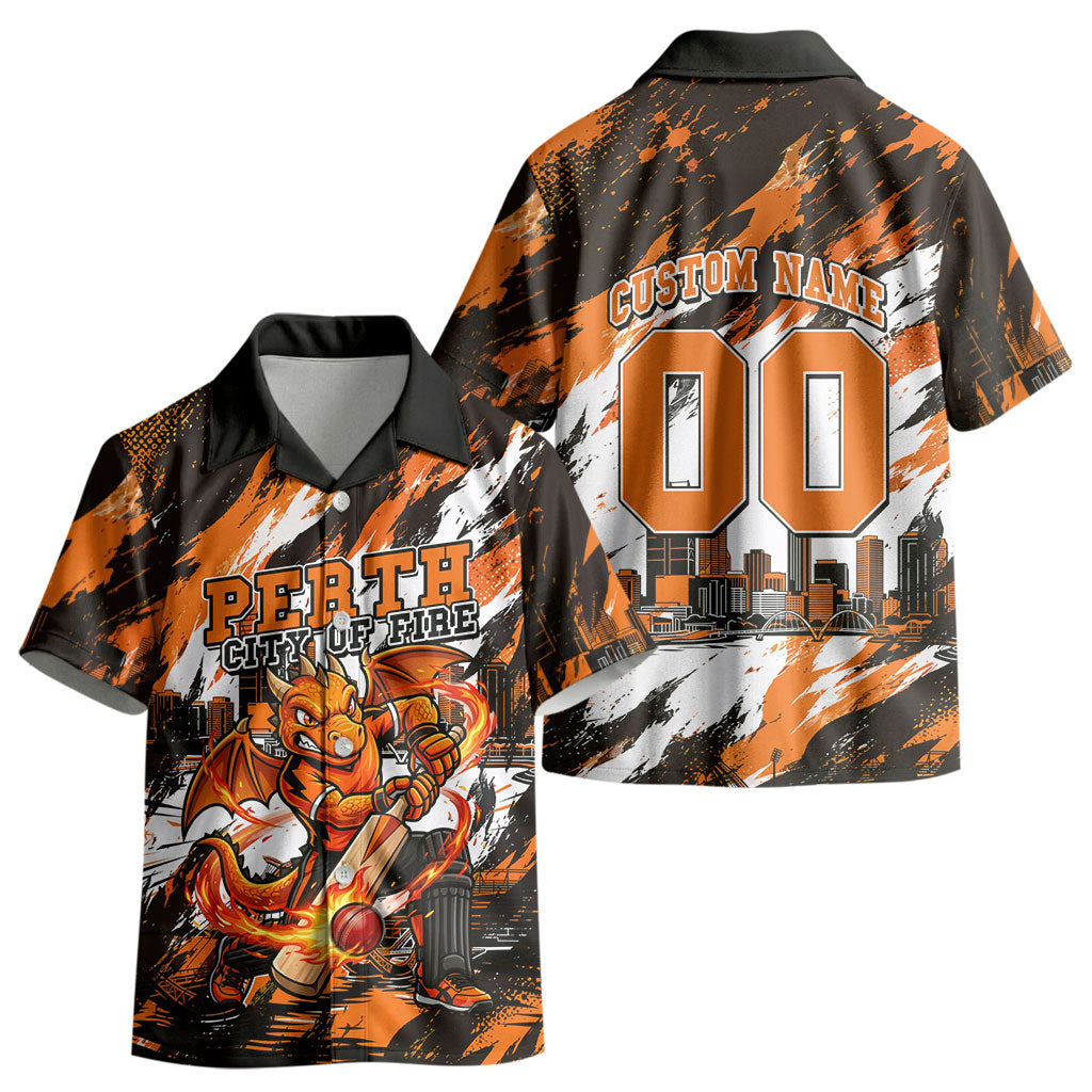 Personalised Perth Scorchers Cricket Fan Pride Kid Hawaiian Shirt Dynamic Flaming Dragon Art With Perth City Skyline