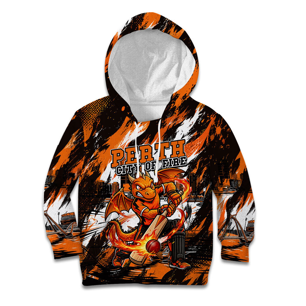 Personalised Perth Scorchers Cricket Fan Pride Kid Hoodie Dynamic Flaming Dragon Art With Perth City Skyline
