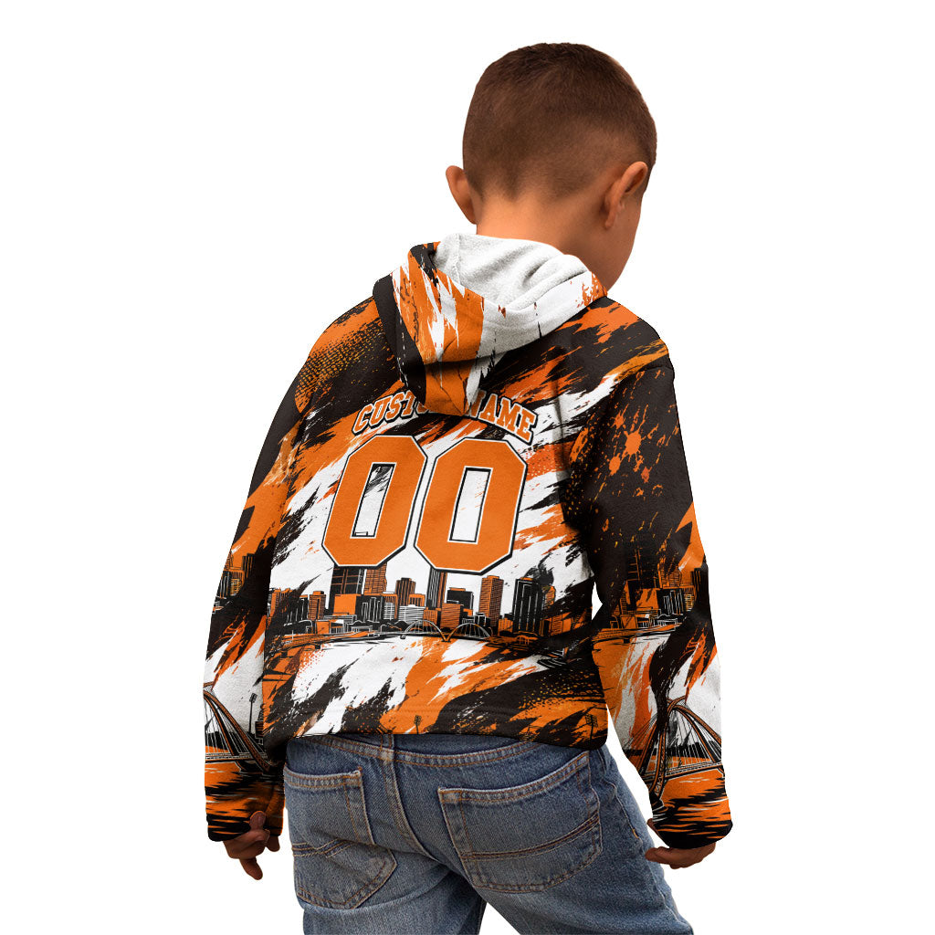 Personalised Perth Scorchers Cricket Fan Pride Kid Hoodie Dynamic Flaming Dragon Art With Perth City Skyline